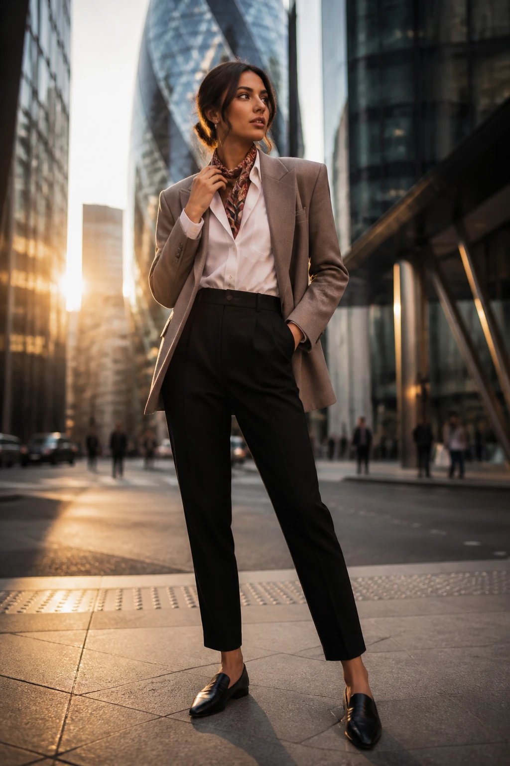 A stylish, confident urban subject posing in a bustling city street at golden hour, wearing a taupe blazer with sharp, structured shoulders over a crisp white button-down, high-waisted black tailored trousers with a slim ankle length, and black pointed-toe loafers. A silk scarf with a subtle geometric print adds a pop of color at the neck. The subject stands in front of a modern architectural backdrop—glass towers and clean lines—while the blazer is the focal point, the shirt tucked in neatly and the scarf drawn loosely to reveal a hint of pattern. The pose is commanding with a slight twist of the torso, one hand in the trouser pocket, the other adjusting the scarf; the horizon lines align to create a strong frame. Lighting emphasizes crisp lines and textures: the blazer’s structure, the sheen of the silk scarf, and the tailored fall of the trousers, with a shallow depth of field to keep the background slightly blurred but recognizable as city architecture. No text on the image.