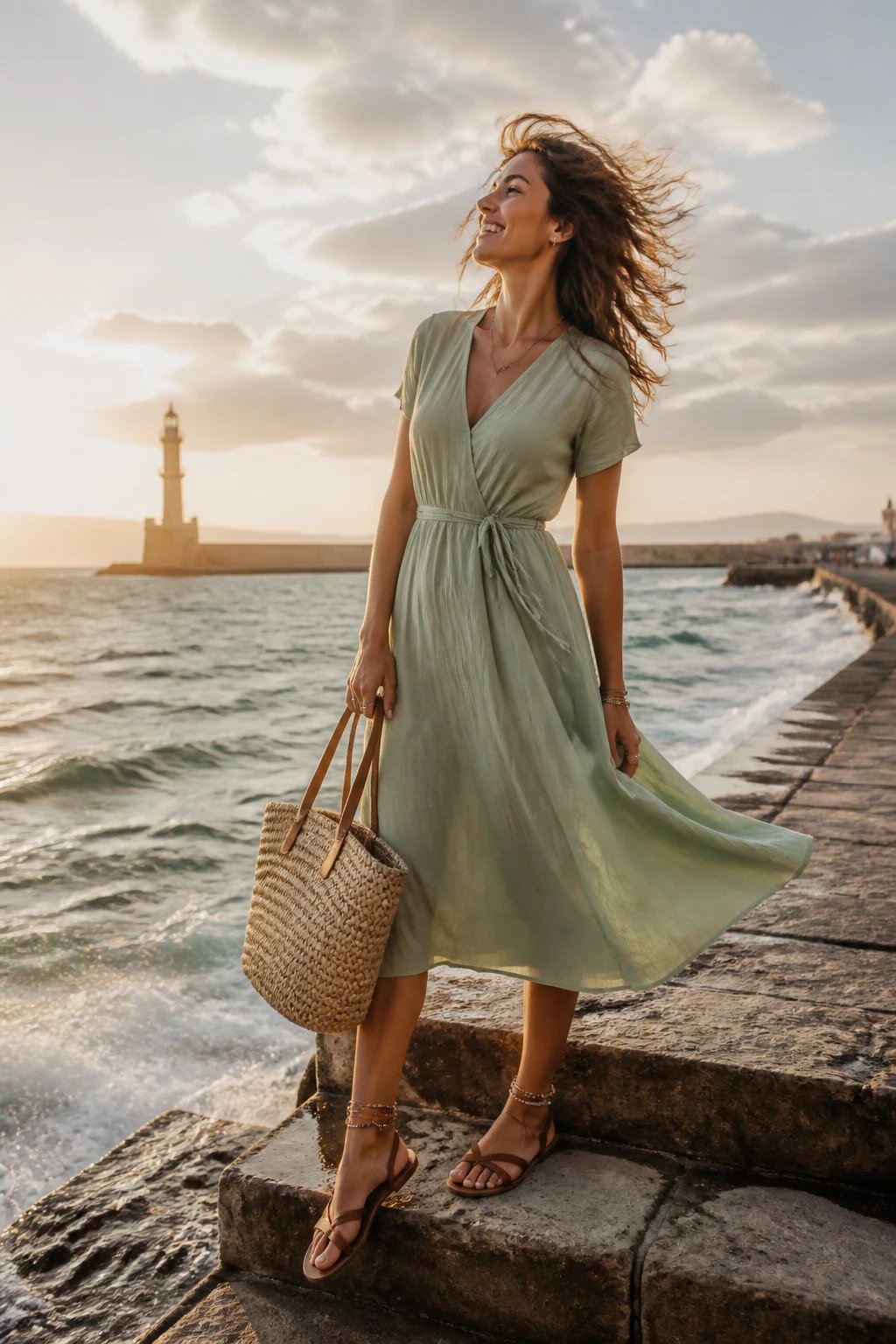 A high-resolution, sunlit coastal scene featuring a solo female traveler as the main subject, standing on a weathered pier overlooking the sea. She wears a midi dress in soft sage that sways with the breeze, lightly cinched at the waist to emphasize movement. On her head is a wide-brim sunhat that she tilts back slightly for a dramatic, sunlit hair moment, while the hat is momentarily removed to reveal wind-tossed hair catching the golden hour light. She carries a woven straw tote and wears flat leather sandals with layered anklets that catch subtle glints of sunlight as she shifts weight. The ocean behind her shows gentle waves, with a visible tide line and a faint, drifting mist. She is captured in a candid, joyful pose—slight laugh with eyes squinting toward the horizon, one foot resting on a lower step, dress hem brushing the edge of the sea spray. The scene includes a distant lighthouse and soft, airy clouds. The overall mood is effortless vacation postcard with natural, realistic textures: the fabric of the dress, the straw weave of the tote, leather sandals, and the wind in her hair. No text on the image.