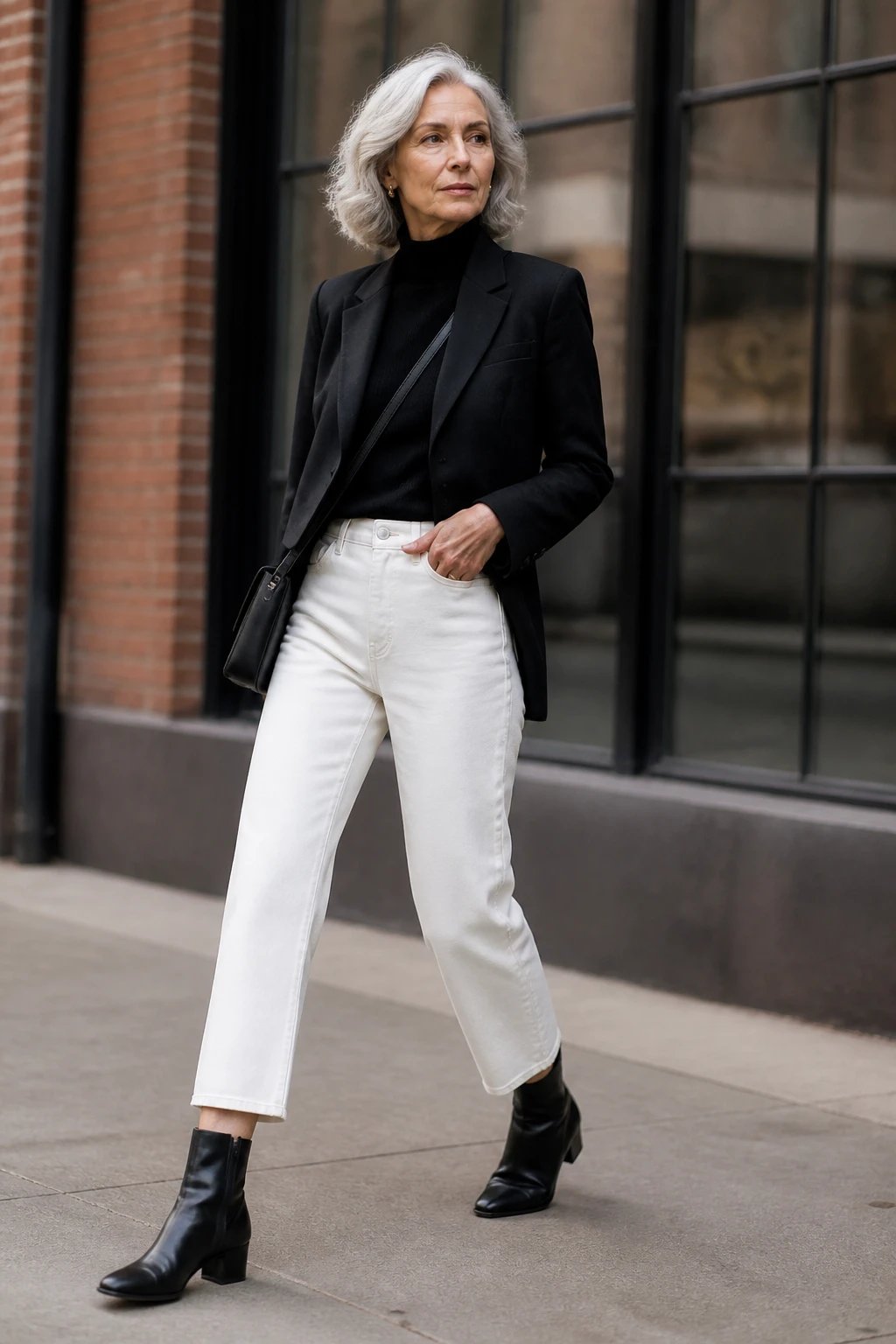 A high-resolution street-style photograph of a stylish individual posing mid-step on a city block with brick and glass architectural backdrops. The subject wears an all-monochrome outfit: a black mock-neck knit sweater tucked into charcoal cropped blazer, white straight-leg jeans, and black ankle boots. Accessories include a structured black crossbody bag and minimal jewelry—a bold, statement ring on one hand. The textures contrast: the soft knit, crisp denim, and sleek leather give depth to the single color palette. Lighting is natural and slightly diffused to enhance the monochrome tones, with soft shadows that emphasize the blazer’s tailoring and the jeans’ clean lines. The pose captures motion—mid-step with a confident stride—conveying dynamic energy suitable for an urban museum setting. The photograph has a shallow depth of field to keep the subject sharply in focus while softly blurring the brick-and-glass backdrop, and the overall mood is crisp, modern, and editorial with no visible text or logos.