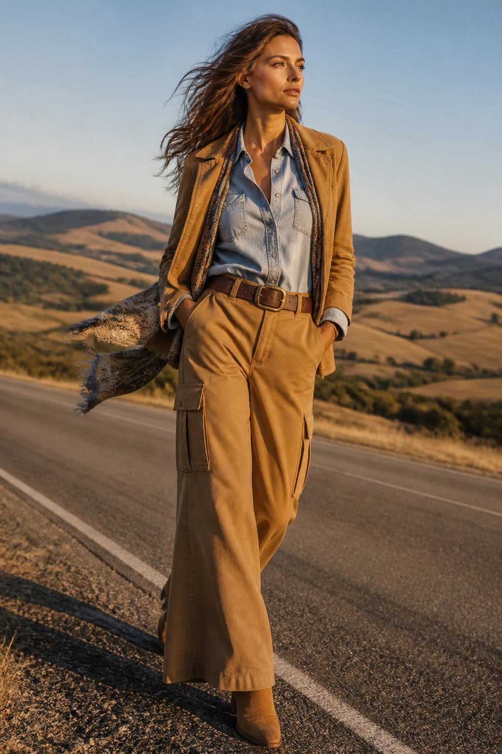 A high-resolution fashion photography scene featuring a stylish traveler as the main subject, set against a sweeping, sunlit rural highway with rolling landscapes and distant mountains. The subject wears a chambray shirt tucked at the front to define the waist, layered under a neutral-toned suede jacket left open at the sides for a relaxed, lived-in look. Wide-leg camel-toned utility trousers flow gracefully as they move, paired with tan block-heel boots that add subtle height and a touch of rugged sophistication. A statement belt with a brass buckle catches the light in close-up shots, emphasizing the waist and adding a hint of metallic warmth. The jacket is slightly loosened to suggest motion and ease, while a lightweight scarf sits casually or flutters in the breeze to add texture when wind picks up. The composition includes natural, warm golden-hour lighting, with the subject standing or walking along the roadside, hands relaxed, eyes toward the distance, and a confident, serene expression. The scene should feel cinematic and aspirational, with depth of field that softly blurs the backdrop while keeping the outfit and accessories sharply in focus, ensuring no text appears in the image.