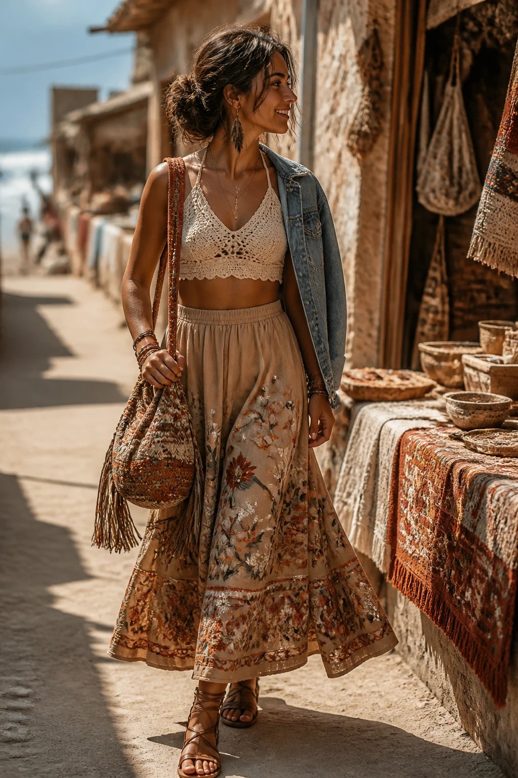 A stylish female traveler stands at a sunlit beachfront street fair, wearing an embroidered maxi skirt in earthy tones with intricate floral embroidery, a crochet cropped top, and a beaded shoulder bag swinging gently as she walks. She pairs the look with leather gladiator sandals, feather earrings, and a lightweight denim jacket casually draped over one shoulder. The scene captures warm, golden-hour light, casting soft shadows on weathered walls and stalls displaying textiles and crafts in sand, terracotta, and cream hues. The camera focuses on texture and movement: the embroidery detailing, tassels on the bag swaying, and the natural fibers of her outfit catching the breeze. The background is subtly blurred to emphasize the main subject and the earthy color palette, with a shallow depth of field and natural, candid pose as she glances toward a vendor and smiles. No text on image.