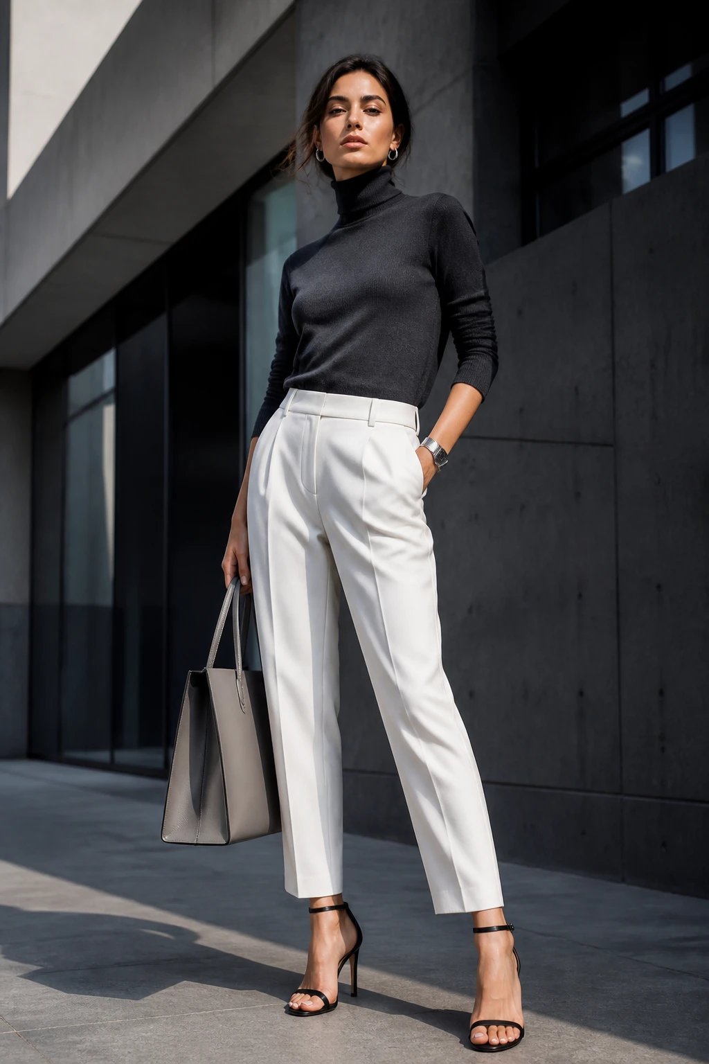 A high-fashion street-style portrait of a confident woman standing in a sleek, modern urban setting with strong architectural lines (concrete walls, glass panels, and sharp edges) in the background. She wears a solid graphite turtleneck tucked into tailored white trousers, paired with black ankle-strap sandals. Minimalist silver jewelry gleams subtly as she stands tall with a slight hip angle to elongate her frame. A structured neutral tote rests by her side, and the overall color palette is monochromatic with cool undertones. Lighting is natural yet precise, emphasizing clean silhouettes and the stark contrast between the dark top and bright trousers. The makeup is fresh, natural, and understated, letting the strong pose and architectural surroundings do the talking. No text on the image.