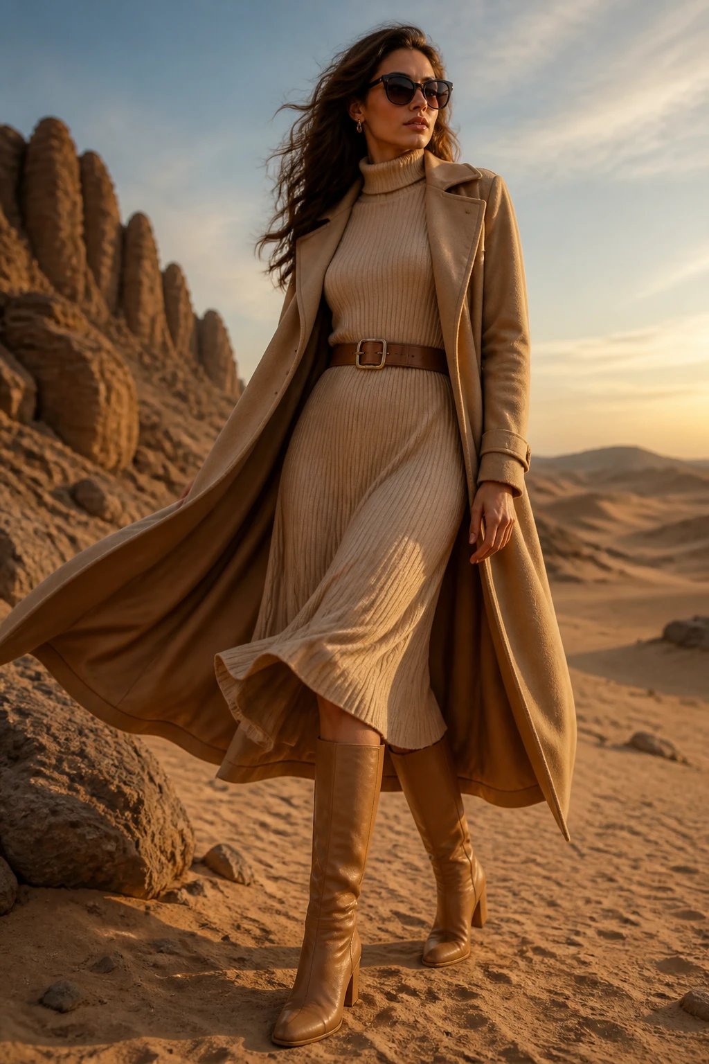 A high-resolution fashion photograph of a female model standing in a windswept desert landscape at golden hour. She wears a camel duster coat layered over a beige knit dress that falls to mid-call, paired with tan knee-high boots. A leather belt with subtle hardware cinches the waist, and oversized sunglasses add a modern edge. The dress sways with her movement to capture dynamic motion, with the duster creating a dramatic silhouette against rocky formations and rolling dunes in the background. The color palette is sand-toned—creams, tans, and warm browns—which blends with the desert scenery while the outfit still pops through carefully placed lighting highlights and soft shadows. No text on image.