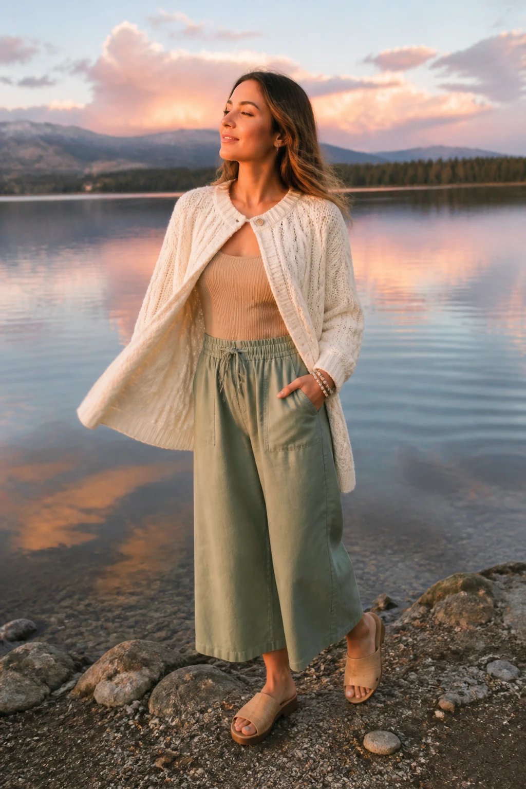 A high-resolution lifestyle fashion photo of a single female traveler posing lakeside at golden hour. The subject stands near calm, reflective water with soft ripples, wearing a chunky ivory cable-knit cardigan left open over a sand-toned tank top, paired with loose sage culottes and natural wood slide sandals. A delicate bracelet stack with natural stones glints on her wrist. The cardigan should appear slightly billowed by a gentle breeze, with the cardigan only buttoned at the top or left open for a reveal of the knit beneath, as the model tilts her head subtly toward the sun to catch a warm glow on her face. The wind lifts the cardigan just enough to create a dreamy movement shot, while the water reflects pastel pinks and blues from the sky. The overall vibe is cozy yet refined, with natural textures, soft lighting, and a serene lakeside backdrop. The main subject is centered but slightly off to the side, capturing a candid, magazine-ready moment—no text visible in the scene.