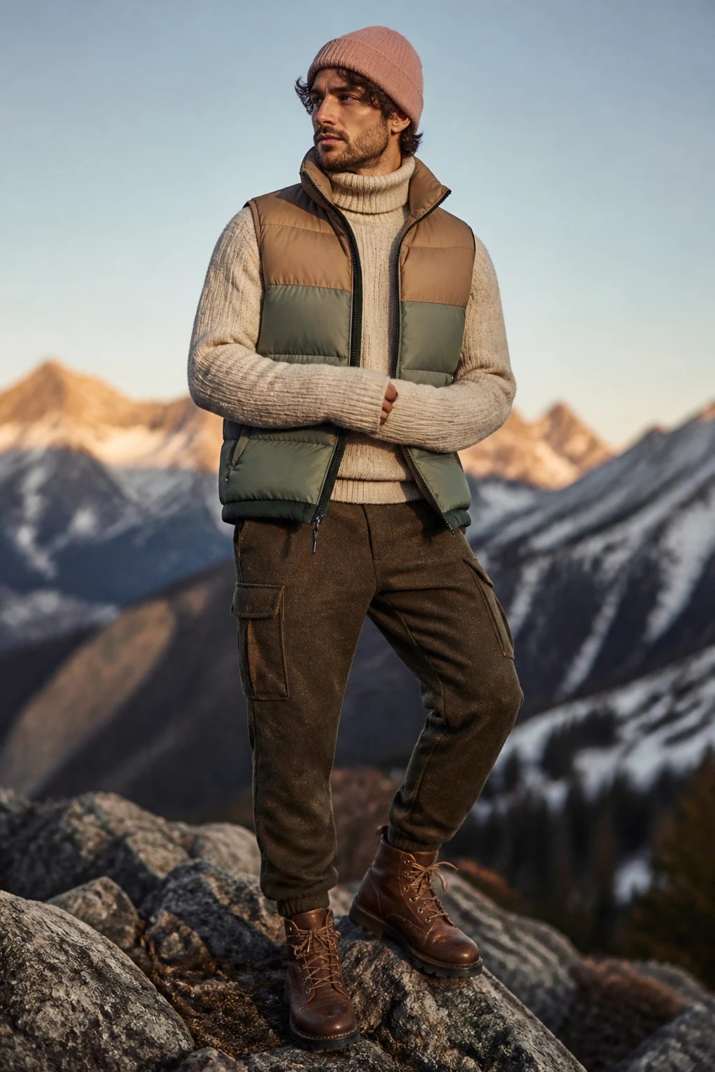 A high-resolution, editorial-style photograph of a stylish traveler posing in a crisp alpine landscape at dawn. The main subject is a fashion-forward individual wearing a multi-tone puffer vest layered over a ribbed turtleneck sweater, paired with wool-blend cargo pants and leather hiking boots. The vest is zippered up partway to create a structured line, with sleeves pulled over the hands for a tucked-in, mountaineous vibe. A rimmed beanie in a contrasting soft color sits snug on the head. The scene captures soft mountain light, with pale blue skies and distant snow-dusted peaks, highlighting the textures of the knit, the quilted vest, and the rugged fabrics. The subject stands with one foot slightly forward on rocky terrain, hands tucked beneath the sleeves, looking off into the distance with a calm, adventurous expression. Rich, natural hues and subtle color contrasts emphasize the patina of the leather boots and the earth tones of the outfit, with a shallow depth of field gently blurring the alpine background to keep the focus on the attire and pose. No text or logos in the image.
