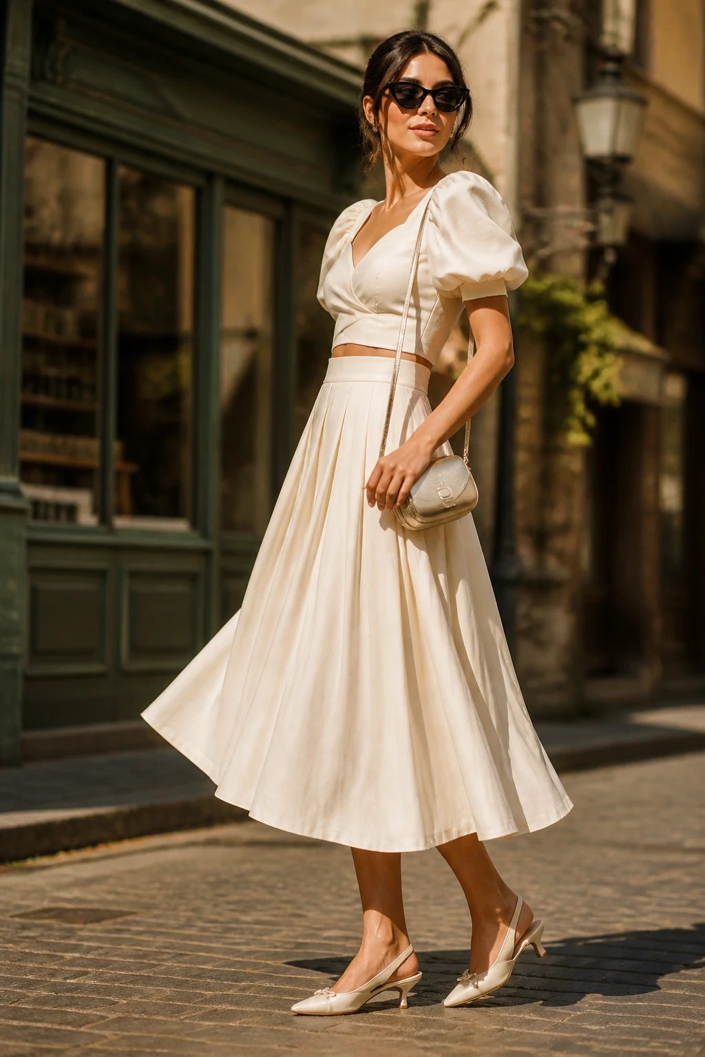 A high-resolution fashion editorial photo of a stylish traveler posing outdoors in a sunlit vintage-inspired cityscape. The main subject, a confident individual with a poised, subtle smile, wears a retro silhouette: a high-waisted midi skirt in fond cream paired with a cropped blouse featuring puff sleeves, cinched at the waist to create a slim silhouette. Accessories include cat-eye sunglasses, a kitten-heel slingback, and a crossbody bag with metallic trim. The outfit should emphasize balance: puff sleeves contrasted by a narrow waist and a slight A-line in the skirt, with pleats subtly swaying to suggest movement as the subject tilts their chin slightly and angles their body away from the camera to elongate the line. The setting should convey travel vibes—perhaps a cobblestone street, a vintage storefront, or a sun-dappled plaza—with warm, golden-hour lighting casting soft shadows. The overall mood is chic, nostalgic, and modern, with crisp textures: the fond cream fabric of the skirt, the delicate sheen of the crossbody’s metallic trim, and the matte satin of the cropped blouse. The frame should be composed to keep the subject as the focal point, natural skin tones, no visible text on the image, and a shallow depth of field to subtly blur the background while preserving architectural details.