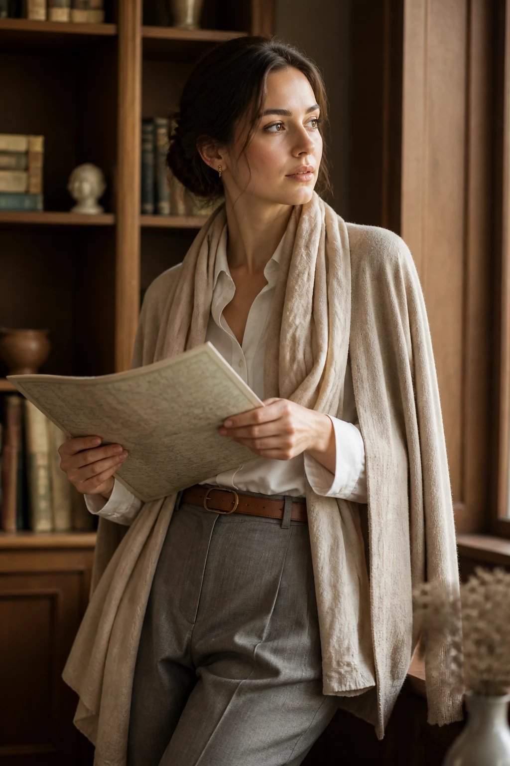 A serene portrait of a single main subject in a quiet library setting, seated or standing near a warm wood bookshelf. The subject wears a beige cardigan draped over a cream blouse, paired with grey tailored pants, and brown leather loafers. A soft scarf in sand is casually styled, complemented by a minimalist leather belt. The lighting is soft and natural, with warm wood tones from the shelves reflecting subtle highlights on neutral fabrics, creating an elegant, calm atmosphere. The pose is deliberate and storytelling: the subject holds a map or gazes over a shoulder, as if lost in quiet reflection. Makeup is natural with a dewy finish to catch the gentle light. The background features warm wood tones and muted neutrals, with shallow depth of field to keep the focus on the subject. No text or logos in the frame.