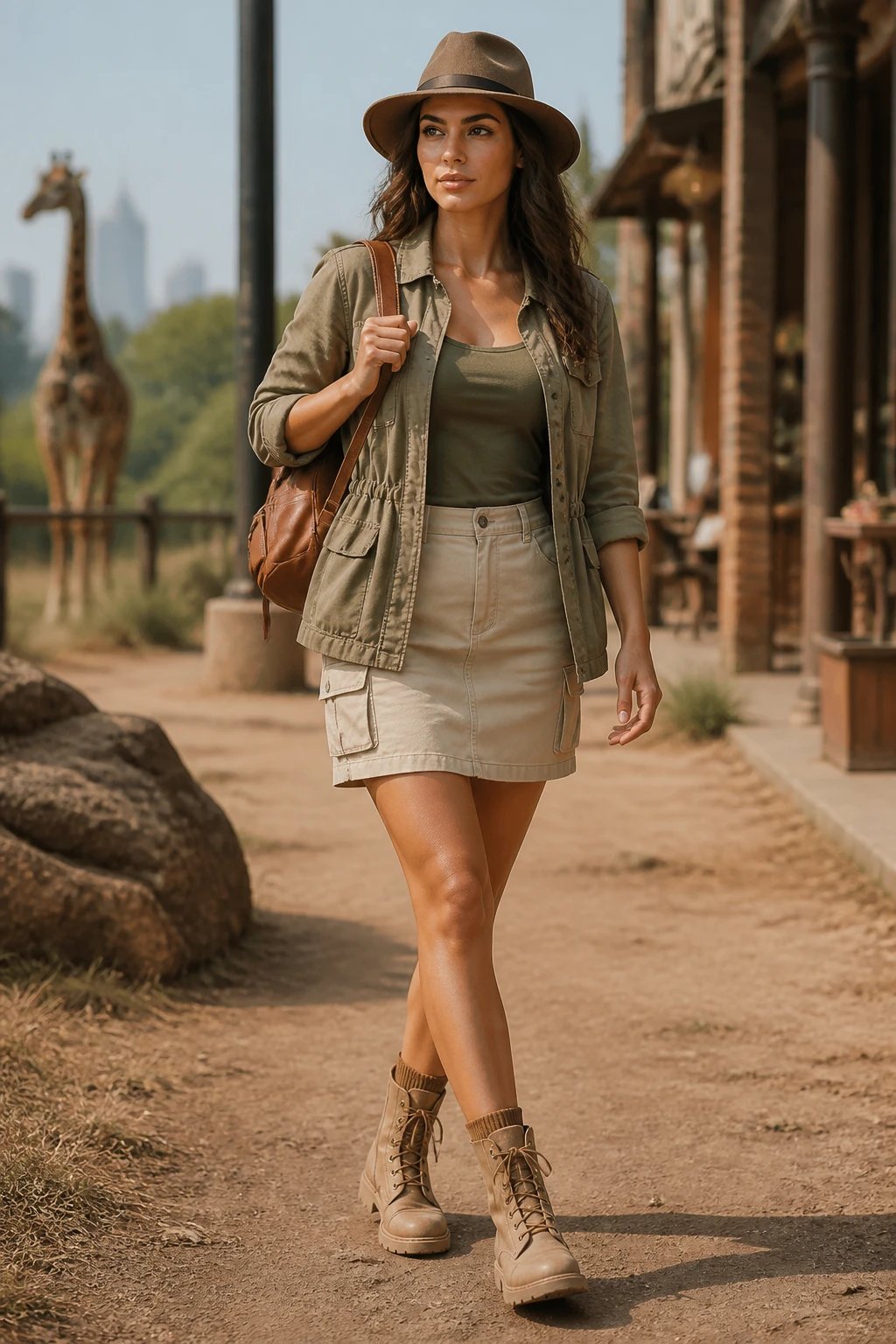 Create an ultra-realistic, high-quality fashion photo of a single main subject embodying bold safari-inspired style in a dynamic outdoor setting. The subject wears a khaki utility jacket over an olive camisole, a beige cargo skirt, and tan combat boots, with a brown leather backpack slung over one shoulder. Style details: sleeves rolled up, waist cinched to emphasize proportions, the subject holding the backpack strap in a candid walking pose. For sun protection and extra shade, include a fedora tilted slightly, casting soft shadows on the face. The setting blends rugged nature and urban elements—perhaps a park with tall grasses, a wildlife reserve edge, or an old-town market with earthy tones in the background. The overall mood is adventurous, confident, and ready for safari-inspired exploration, with natural light highlighting textures of fabric and leather, clean lines, and a balanced, reportage-style composition. Constraints: no text or watermarks on the image; the main subject's face clearly visible and in focus; shallow depth of field to subtly blur background while keeping outfit details crisp.