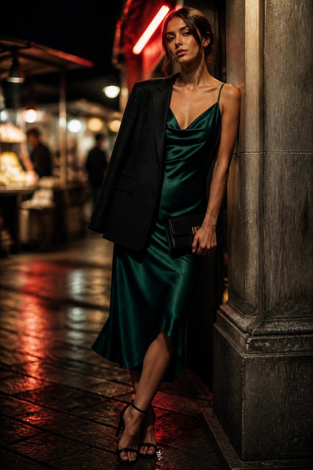 A high-resolution, moody fashion editorial portrait of a female model in an urban night market setting. The model wears a deep emerald silk slip dress underneath a black tailored blazer, with strappy heeled sandals and a small clutch with a metallic clasp. She sports a delicate bracelet stack. The blazer is draped casually over one shoulder, creating a luxe-versus-laid-back contrast. The pose features a slight lean with a strong, confident gaze directed at the camera. Ambient street lighting and a neon sign glow softly behind her, casting a dramatic halo around her silhouette and highlighting the silk sheen of the dress. The background shows blurred market stalls and bokeh lights, enhancing the moody, nighttime atmosphere. The composition emphasizes texture, contrast, and posture, with the model as the clear focal point, captured in sharp detail against a softly defocused urban backdrop. No text on the image.