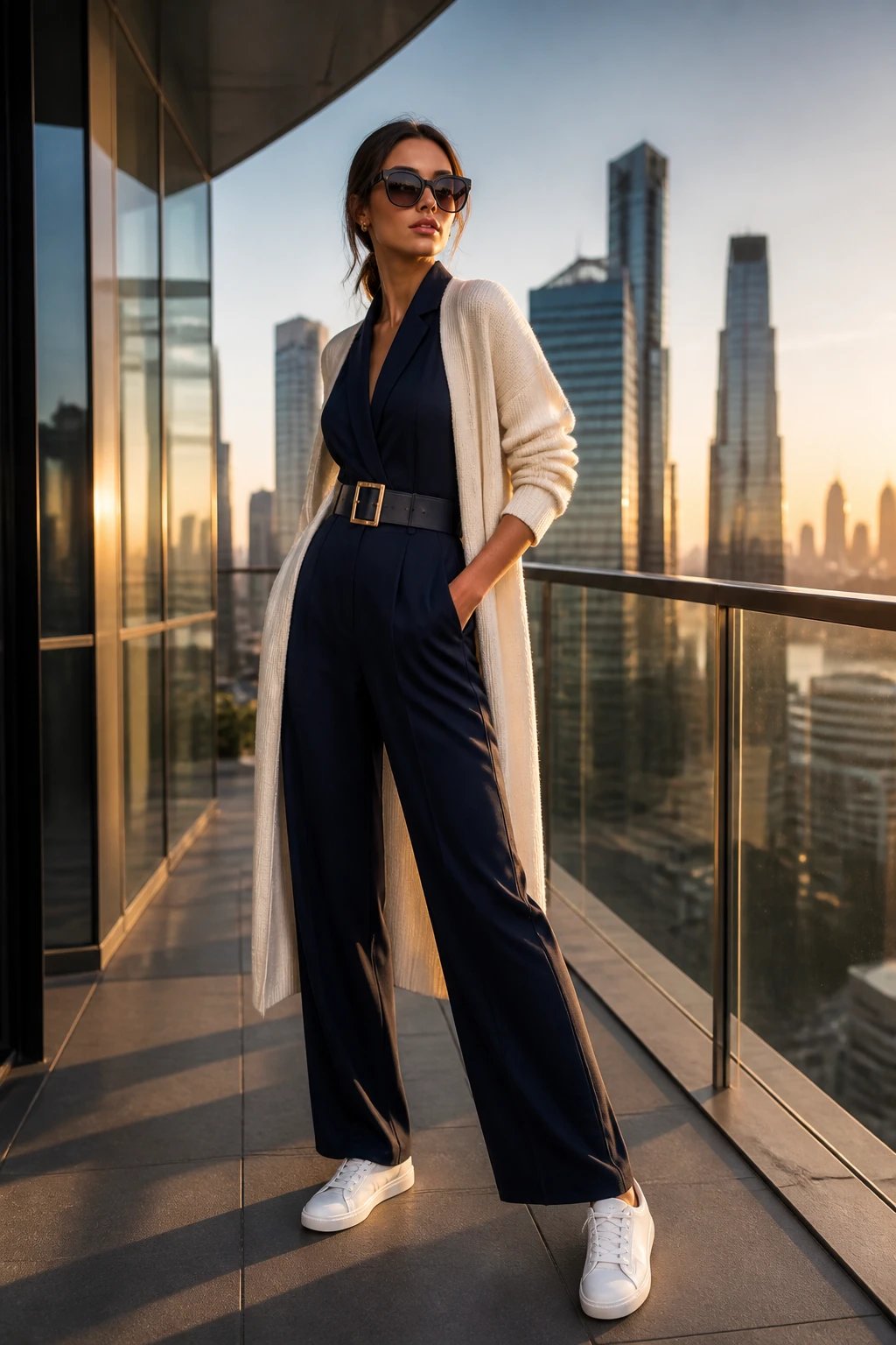 A high-fashion editorial shot of a confident female model posing on a modern city balcony with glass railings at golden hour. She stands with one hand casually in her pocket, head tilted slightly, shoulders pulled back to elongate her silhouette. She wears a navy structured jumpsuit with clean lines, a longline cream cardigan draped over her shoulders, and white sneakers for a fresh twist. A statement belt with a clean buckle cinches the waist, and oversized sunglasses rest on her face. The scene features dramatic architectural elements—glass towers in the background and a cityscape glow—captured with a shallow depth of field to keep the focus on her poised stance. The lighting is natural and flattering, highlighting the textures of the jumpsuit and cardigan while creating subtle shadows that emphasize her elongated pose. No text on the image.