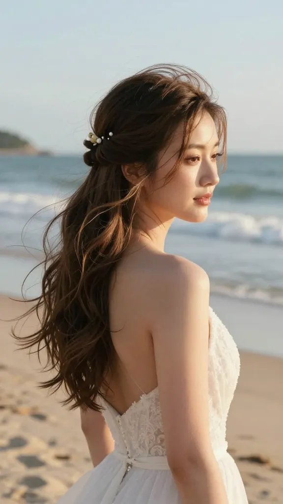 A realistic high-quality photo of a bride at a seaside wedding, featuring a softly styled half-up, half-down hairstyle: a delicate soft knot crown sitting lightly across the crown with slightly tousled sea-breeze waves cascading down, strands softly framing the face, subtle small floral accents and pearl pins tucked into the knot for a romantic wedding vibe. The scene is at golden hour with warm sun catching the knot and waves, gentle breeze lifting the hair, and a coastal background with sand, gentle surf, and pale blue sky. The bride wears a light, airy wedding dress, natural makeup, and a relaxed, graceful pose that conveys movement and effortless elegance suitable for a low-humidity beach setting. No text or overlays in the image.
