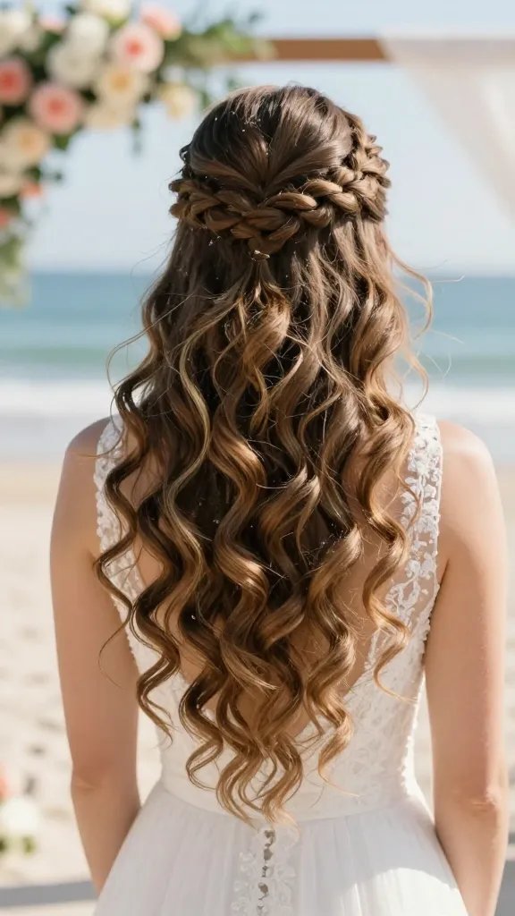 A realistic, high-quality portrait of a bride at a beach wedding, styled with a braided half-tie that flows into loose, cascading curls. The hair features a single loose braid starting from the crown and tapering into soft, voluminous curls that sway with a light ocean breeze. The braid stays secure while the curls move gracefully, with sea salt texture visible for a natural, beachy look. Subtle, tiny hairpins are tucked near one ear to secure stray strands, and the section is gently pulled apart to create a fuller, romantic silhouette. The scene is sunlit during a bright, warm ceremony with pastel floral accents in the background, conveying a playful yet elegant mood suitable for both ceremony and reception. The bride wears a timeless, light wedding dress that complements the hair without overpowering it. No text in the image.