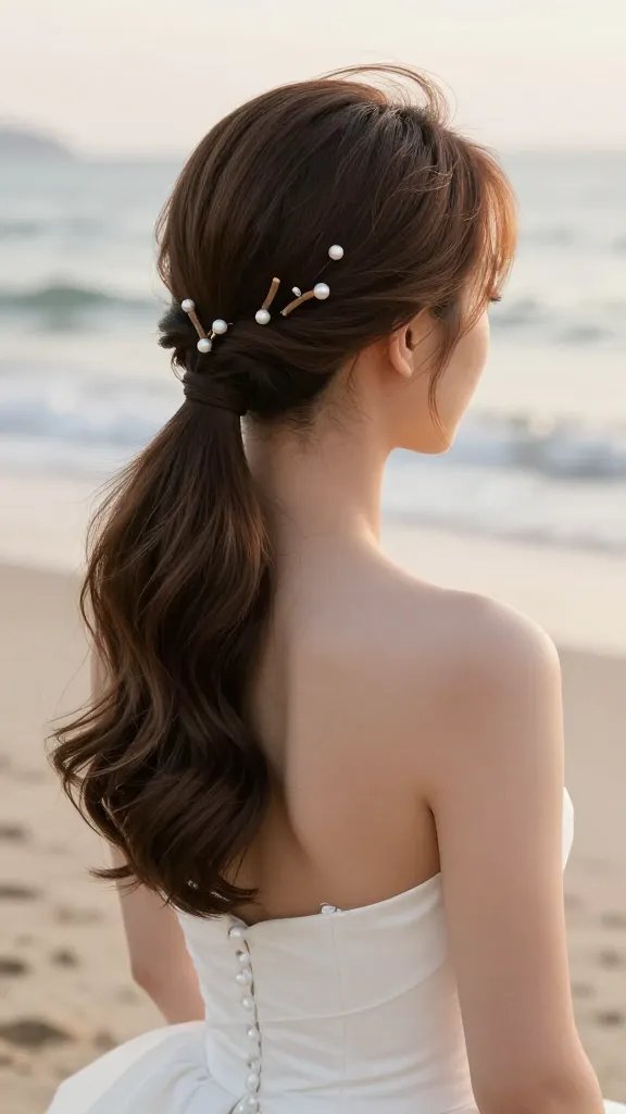 A realistic, high-quality wedding portrait of a bride with a Half-Up Pony With Pearl Accents hairstyle. The main subject sits or stands in a softly lit, elegant beach wedding setting with gentle waves in the background and a sunlit horizon. The bride wears a strapless or sweetheart neckline wedding gown, showing clean lines that complement the polished ponytail. The hair is styled into a low, tight pony at the base with subtle volume at the crown, and small pearl pins and driftwood-inspired clips woven into the upper section for a touch of bling. Soft flyaways are controlled with a light balm for a natural, polished finish. The pony creates a sophisticated geometry, with a sleek, glossy texture and delicate shine. The overall mood is timeless and editorial, with the photographer capturing a close-up head-and-shoulders or three-quarter view that emphasizes the hairstyle and wedding attire, realistic skin tones, natural makeup, and a gentle, warm color palette. No text on the image.