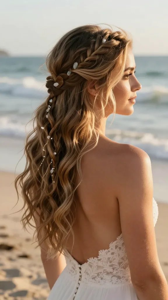 A realistic, high-quality photo of a bride at a sunlit beach wedding, showcasing a 4. Waterfall Braid With Beachy Waves hairstyle. The main subject is the bride with soft, flowing beachy waves cascading down her back, and a delicate waterfall braid woven with thin, wispy strands that drape gracefully. Include sea glass clips tucked sparingly along the braid to reinforce the beach theme. The bride has sun-kissed skin with a natural, dewy complexion, minimal makeup, and a serene, ethereal expression. The setting is a sandy shoreline with gentle waves and a warm, golden hour glow. The hairstyle should appear effortless yet elegant, with light finishing spray giving a subtle hold without stiffness, ensuring the waves look airy and the braid pristine. No text on the image.
