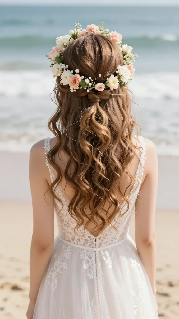 A high-resolution, studio-quality photograph of a bride on a sunlit beach, wearing a double twist half-up hairstyle with a delicate floral halo. The hairstyle features two tiny, neatly twisted strands framing the face and secured under a crown of fresh blooms in soft, romantic tones (blush pinks, ivory, and pale greens) arranged to create a boho-chic, whimsical halo. The bride&rsquo;s curls are softly curled and humid-free to maximize the halo&rsquo;s glow, with clear pins discreetly securing the blooms. She wears a flowing, lightweight wedding dress with a beachy silhouette, subtle lace details, and thin straps, standing barefoot along a sandy shoreline with gentle waves in the background. The overall mood is romantic, warm, and breezy, capturing a garden-inspired beach wedding vibe with a touch of whimsy, in natural daylight with a shallow depth of field to softly blur the background while keeping the bride and hairstyle sharply in focus. No text or logos on the image.