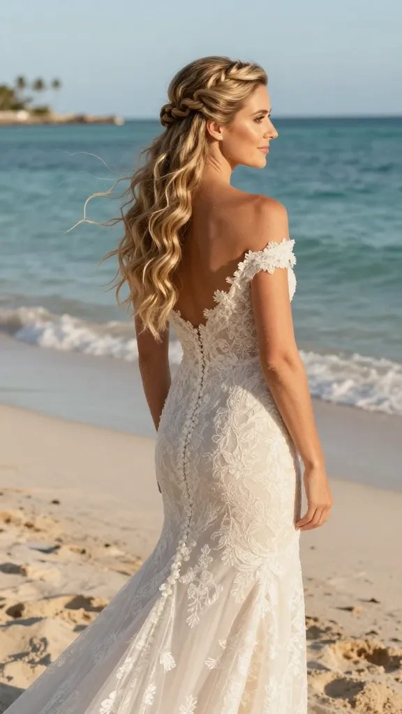 A high-resolution, realistic photo of a bride at a beach wedding, showcasing a Half-Up Rolled Braid With Beachy Texture. The main subject is a sun-kissed woman with light, wavy hair gathered softly into a rolled braid at the crown, with the rest of the hair left in relaxed, beachy texture that catches the light. The roll should be sleek and sculpted yet natural, securely in place with minimal pins, and the texture should have a luminous, sea-salt finish that reflects warm, golden hour sunlight. She stands barefoot on pale sand near gentle shoreline waves, wearing a delicate, ivory lace wedding gown with a soft train and subtle off-shoulder sleeves. Soft breeze lifts strands for movement without disrupting the roll, and a light, natural spray sheen gives a lived-in, effortless look. The background features a turquoise ocean, clear sky, and distant silhouettes of palm trees, with the overall mood: elegant, relaxed, and perfectly suited to a humid beach ceremony. No text or logos on the image.