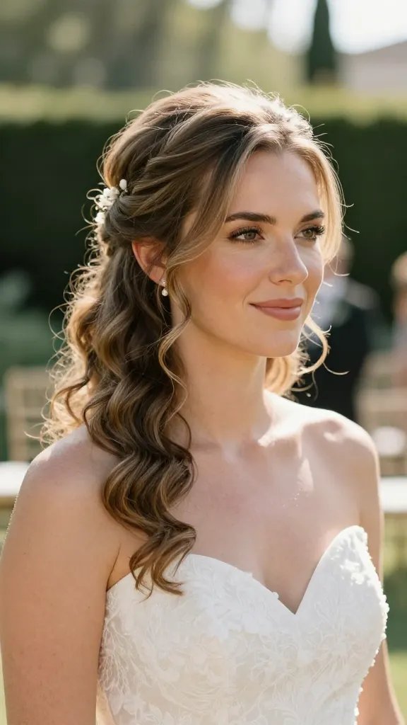 Create a realistic, high-quality wedding portrait of a bride at a sunlit outdoor ceremony, showcasing a halo half-up hairstyle with side-swept curls. The main subject should be a radiant bride whose hair features a halo created by a gentle side sweep framing the face while maintaining volume on top. The hair should have light hold spray for a natural, non-stiff look. A floral pin is tucked near the ear, adding a delicate, boho-chic touch. Use a soft side part to balance the face, ensuring the hairstyle flatters multiple face shapes and photographs beautifully from every angle. The scene should convey sunlit glow on the bride&rsquo;s skin, with warm, flattering light, a softly blurred background of greenery and distant chairs, and a sense of elegant simplicity. The bride wears a minimalist, elegant wedding gown with subtle lace or satin textures, and natural makeup that enhances her skin&rsquo;s glow. No text on the image.