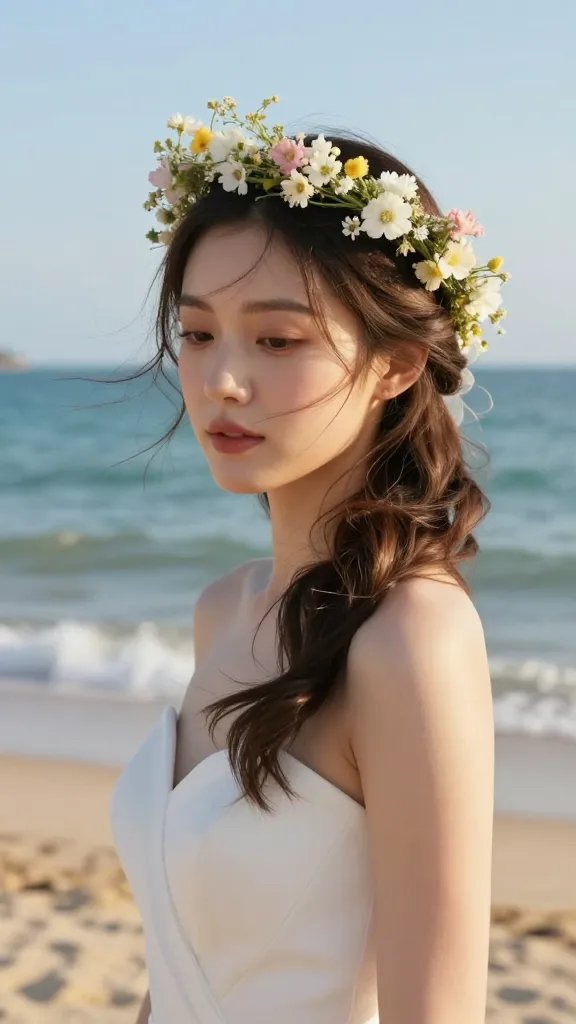 A high-resolution, natural-light photograph of a bride on a sunlit beach, standing in soft, golden hour glow. She wears a delicate twisted crown woven from small, sprightly wildflowers that appear airy and lightweight, with tiny blossoms in whites, pale pinks, and pale yellows. The crown sits loosely to maintain movement in the sea breeze, and a few wispy tendrils of hair frame her face. The bride&rsquo;s hair is styled in relaxed, flowing waves that cascade over one shoulder, with a light, barely-there veil clip securing the crown if needed. She gazes slightly downward with a serene, romantic expression, and the background shows gentle turquoise waves, warm sand, and a clear blue sky. The overall aesthetic is elegant, nature-inspired, and polished, emphasizing a timeless, beach-appropriate bridal look without overpowering the wire-like lightness of the crown. No text or watermarks.