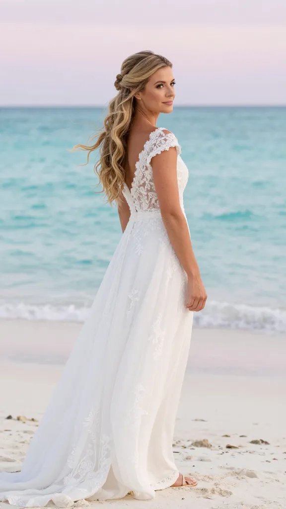 A realistic, high-quality photo of a bride on a sunny beach wedding, styled in an elastic-free half-up with soft knots. The main subject is a light-to-medium blonde to brunette beach bride wearing a flowy, airy bridal gown with delicate lace details and off-the-shoulder neckline. Her hair is softly gathered into a half-up style with small, natural-looking knots securing the top section, leaving loose, beachy waves cascading down. Use neutral pins that blend with her hair color, without any visible elastics. A light mist of finishing spray gives a subtle, dewy finish. The scene features a calm, turquoise sea, soft white sand, and a pastel sky; gentle ocean breeze moves the hair just slightly, while the look remains intentionally imperfect yet polished for photograph-friendly, casual, joyful vibes. The subject gazes slightly toward the horizon with a serene expression, standing barefoot or wearing delicate wedding sandals, with natural makeup and minimal accessories that complement a beachy aesthetic. No text or logos in the image.