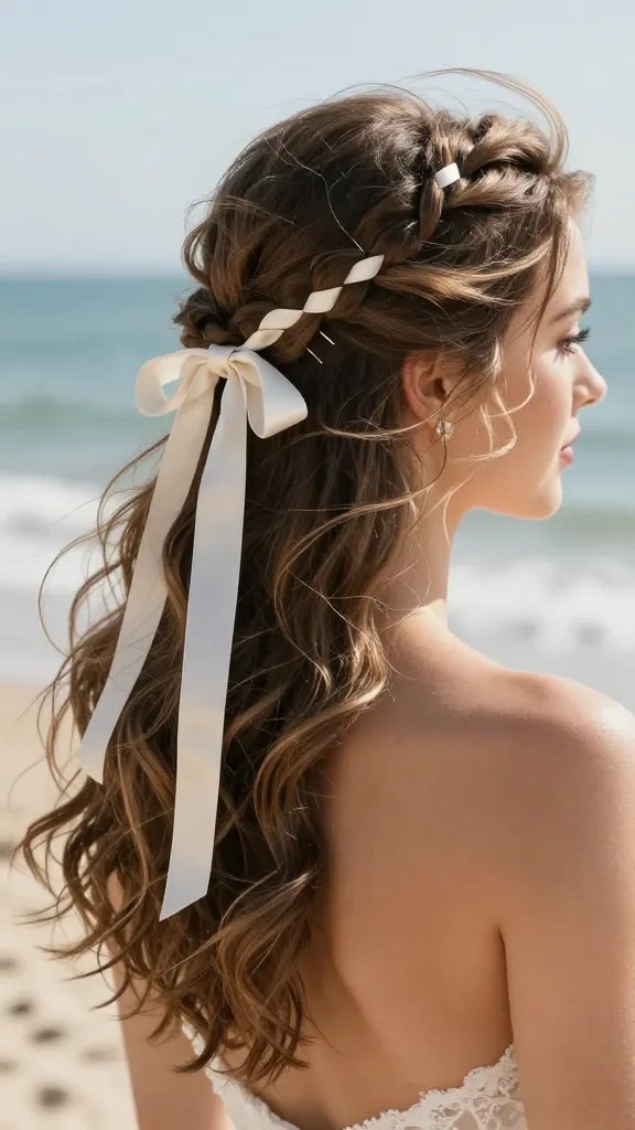 A close-up, high-resolution photo of a bride with a soft, romantic half-up hairstyle featuring a satin ribbon woven through the crown. The ribbon, matching the wedding dress color, drapes subtly with a few loose loops and is secured with discreet pins, creating gentle movement that catches the breeze like a personal flag. The bride's hair is styled in loose waves with a delicate ribbon-tied half-up accent, set in a coastal, sunlit outdoor backdrop with hints of sea breeze and beachy textures. The focus is on the hairstyle and ribbon detail, conveying a playful yet elegant vibe suitable for a beach wedding, with natural makeup and a serene, radiant expression. No text on the image.