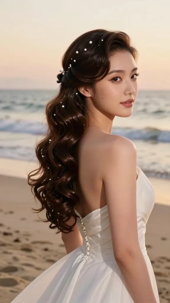 A high-resolution, realistic portrait photo of a bride on a sandy beach at golden hour, wearing a light, elegant wedding gown with a soft, flowing silhouette. The hair is styled in a low, sculpted half-up arrangement with glossy, mermaid-inspired curls cascading down one side, creating a timeless, glamorous look suitable for shoreline vows. The crown area is gently teased and sculpted, with a few delicate pearl-finish hairpins tucked strategically to add subtle sparkle. The bride&rsquo;s makeup is soft and luminous, with a natural glow and emphasis on the eyes, and a delicate, romantic backdrop of gentle waves and a warm sunset sky. The overall mood is chic, classic Hollywood-meets-beachy twist, with textures clearly showing the heat-protected, slightly damp-to-dry styling process, and the hair appearing smooth, defined, and polished without looking stiff. No text or logos in the image.