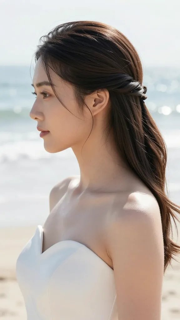 A realistic high-resolution portrait of a bride with a minimalist half-up hairstyle featuring tiny pleats along the crown. The hair is smooth, neatly combed with subtle, evenly spaced micro-pleats that create soft texture while maintaining a clean, chic silhouette. The half-up section is secured with invisible pins to preserve a sleek line, with a light mist in the air to tame flyaways and add a dewy finish. The bride stands in a sunlit beach setting, wearing a simple, elegant wedding dress with clean lines and a delicate neckline. The overall look is modern, understated, and photogenic, conveying effortless elegance and wedding-ready comfort. No visible text or branding in the image.