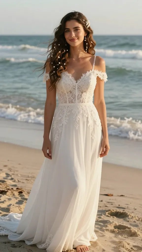 Create a hyper-realistic, high-resolution portrait of a boho beach bride smiling softly on a sunlit shoreline at golden hour. She has loose, natural beachy waves cascading around her shoulders, lightly tousled by a sea breeze. Adorn her hair with a row of small freshwater pearls woven throughout the waves and a delicate pearl pendant barrette pinned to one side for a subtle, personal touch. She wears a flowy, light-and-elegant wedding dress with lace details and off-the-shoulder straps, barefoot in soft sand with gentle ocean waves in the background. The scene conveys effortless romance, polished for photos all day, with warm, flattering lighting, natural makeup, and a serene, confident expression. No text on the image.