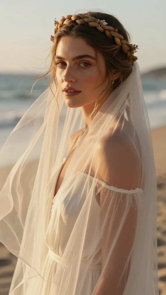 A realistic, high-resolution bridal portrait of a boho bride wearing a braided crown hairstyle with a flowing veil. The crown braid sits elegantly around the head, woven with soft, loose strands and delicate floral accents, giving a regal yet relaxed vibe. The light, airy veil is attached discreetly with a small comb beneath the crown, catching a gentle breeze that causes the veil to flutter around the face and shoulders. The bride's makeup is natural and radiant, with soft pink lips and sun-kissed cheekbones. She stands in a sunlit beach setting with warm, golden hour tones, subtle waves in the background, and sheer fabrics or linen textures in her flowing, off-shoulder dress. The overall mood is effortless romance: intimate, timeless, and bohemian, with attention to realistic textures in hair, veil, fabric, and skin. No text on image.