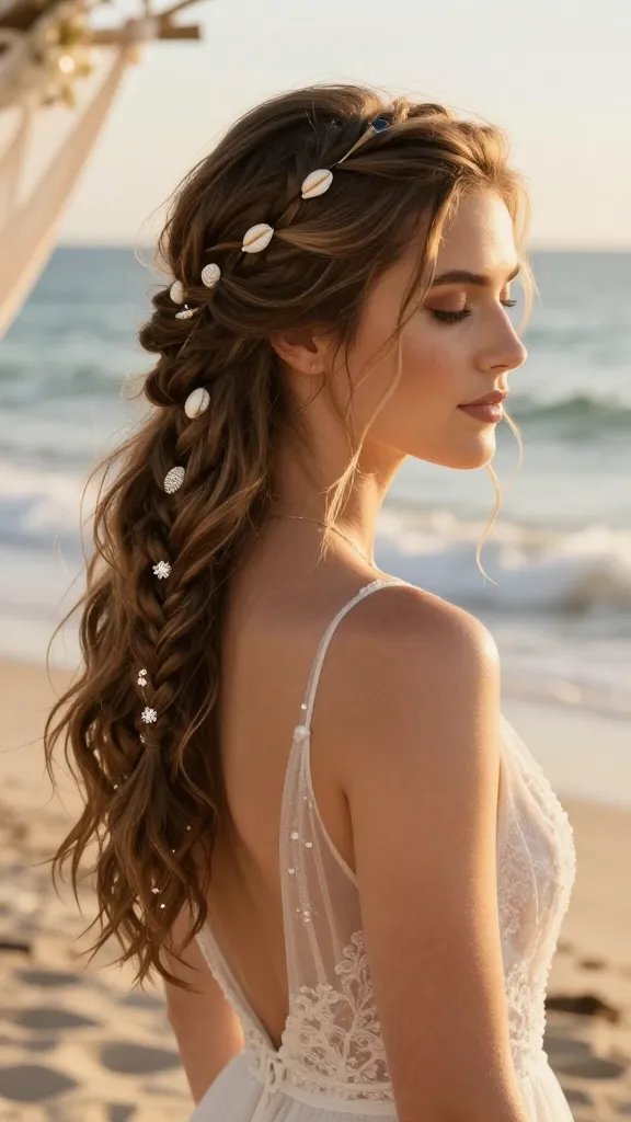 A high-resolution, romantically lit beach wedding portrait of a bride with a half-up fishtail braid, showcasing sea-shell texture and soft, loose tendrils framing her face. The hairstyle should balance structured braiding with gentle, wispy strands for a boho, effortless look. Include clear hair grips, a light-hold spray visible as a subtle sheen on the hair, and a few decorative pins with delicate sparkle pinned into the back half of the braid. The background features soft waves, warm golden hour sunlight, and a hint of lace or boho wedding decor in the distance. The main subject appears serene and radiant, wearing a light, airy wedding dress, with natural makeup and minimal jewelry, producing a pristine, photorealistic image suitable for a fashion-forward wedding editorial. No text on the image.