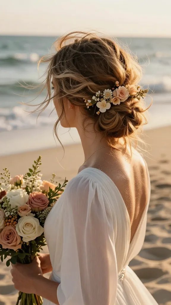 Create a hyper-realistic, high-resolution image of a bride on a sunlit boho beach, showcasing a messy bun adorned with delicate floral accents in sunset sand hues. The hairstyle should look effortlessly romantic, with wispy strands framing the face and a slightly off-center bouquet pinned just above the nape to avoid contact with the back of a flowing wedding dress. The setting features soft sea breeze, warm golden-hour lighting, gentle waves in the background, and a natural, wind-swept aesthetic. The bride&rsquo;s bouquet and floral pins should include sand-colored blooms&mdash;creamy whites, blush pinks, and pale peach tones&mdash;with greenery for texture. Ensure the composition feels candid and dreamy, with a focus on hair texture, the floral arrangement, and the relaxed, carefree mood of a boho beach wedding. No text.
