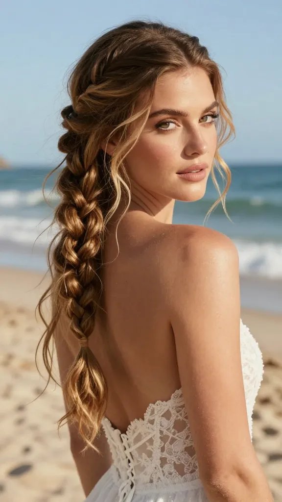 A high-resolution, natural-looking bridal portrait of a boho bride at a sunlit beach, showcasing a side braid with beachy waves. The bride has softly tousled, sun-kissed hair styled into a neat side braid starting near the temple and cascading over one shoulder, with loose, romantic waves flowing down the other side. The part line is precisely defined with a fine comb, then gently loosened at the braid to create texture and romance. She wears subtle coastal-inspired makeup with a dewy finish, natural lip color, and light blush. The background features warm sand, gentle ocean waves, and a clear blue sky, with soft, flattering natural lighting. The overall mood is effortless, elegant, and romantic, capturing a chic boho vibe without overpowering the face. No text on the image.
