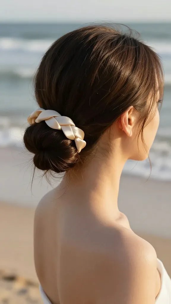 A realistic, high-quality photo of a bride with a low chignon hairstyle accented by a satin ribbon woven through the bun, creating a refined silhouette for portraits. The subject is positioned in a sunlit boho beach setting with soft waves in the background. The bride&rsquo;s hair is sleek and smooth, with subtle anti-frizz sheen visible on the strands. The satin ribbon is elegantly threaded through the chignon and tucked under for a seamless finish, with the ends neatly concealed. The overall look is timeless yet modern, with delicate, natural makeup and a serene, confident expression. The image should have warm, golden-hour lighting, soft shadows, and a shallow depth of field that gently blurs the background while keeping the ribbon-woven chignon in sharp focus. No text on the image.