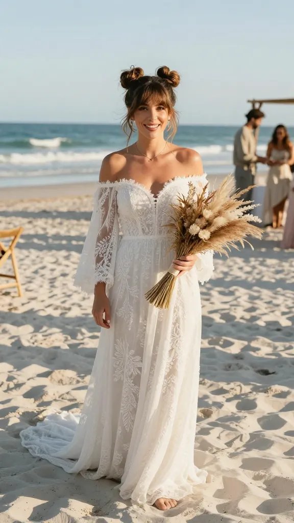 A high-resolution, sunlit beach wedding portrait of a bride with a boho chic look featuring space buns. The bride stands barefoot in soft, powdery sand with gentle ocean waves in the background, under a pale blue sky. Her hair is styled into two symmetrical, slightly undone space buns with loose, wispy strands framing her face and subtle textured fullness, giving a modern, high-fashion vibe. She wears a flowing, off-the-shoulder bohemian wedding dress with delicate lace and a relaxed silhouette, complemented by a simple, natural bouquet of dried grasses, pampas, and white florals. The scene captures a candid moment of joy during golden hour, with warm, flattering sunlight creating soft shadows, a relaxed ceremony setup in the distance, and a few guests in boho attire. The overall mood is playful yet elegant, camera-ready for photos and reels, with natural makeup, minimal accessories, and a carefree, festive atmosphere.
