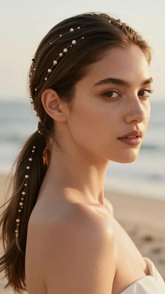 A high-resolution, portrait-style photo of a modern bride with an effortless minimalist ponytail, featuring delicate, small woven beads threaded through the hair for a subtle boho twist. The subject has a clean, chic look with natural makeup, soft, dewy skin, and a relaxed, confident expression. The ponytail is sleek and low at the nape, with the beads woven along a few strands to create a gentle, airy pattern. The finish is matte and non-shiny, achieved with a light matte spray to maintain a modern, breezy aesthetic. The background is softly blurred beach backdrop with warm, golden-hour lighting, emphasizing sun-kissed skin and a serene, romantic vibe. The overall composition should feel timeless and flattering on all face shapes, with a focus on texture, hair detailing, and a natural, beachy elegance.