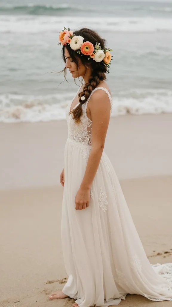 A realistic, high-resolution photograph of a bride at a boho beach wedding, standing barefoot on soft sand with gentle waves in the background. She wears a flowing, light ivory wedding dress with delicate lace details and a subtle train. Her hair is styled in a twist-back halo secured with fresh blooms&mdash;peonies, ranunculus, and small spray roses&mdash;arranged along the crown and sides, lightweight and heat-tolerant, with a few loose wisps framing her face. The blooms are in warm sunset tones (peach, blush, cream) that contrast softly with sun-kissed skin. A gentle sea breeze lifts strands of hair and the petals slightly. The overall mood is effortlessly romantic and timeless, with natural beach lighting, crisp focus on the bride, and a softly blurred background that emphasizes the hairstyle and floral halo. No text on the image.