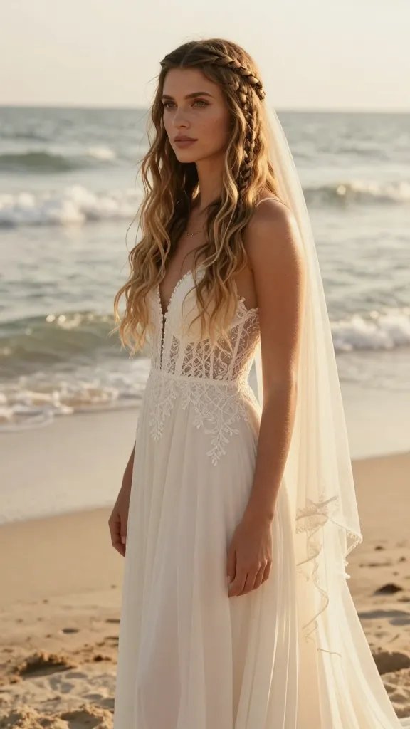 A realistic high-quality photo of a boho beach bride standing on soft, sunlit sand near gentle waves at golden hour, wearing a flowing ivory wedding dress with delicate lace detailing and a light, airy veil. The hairstyle features a prominent waterfall braid starting from one side crown, cascading down in multiple, evenly spaced drops into loose, beachy waves that frame her face and tumble over her shoulder. The overall look is romantic and effortless, with natural makeup, subtle bronzing, and a serene, confident expression as she gazes slightly to the side, capturing the ethereal, nature-inspired wedding vibe. Include soft sea breeze ripples in the background and a distant horizon line to emphasize the tranquil, boho beach atmosphere.