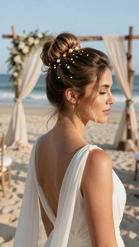 A close-up, high-resolution photo of a boho-inspired wedding scene featuring a bride with a flawless, sun-kissed complexion wearing a flowing white boho wedding dress and a chic top knot hairstyle. Her top knot is neatly tied at the crown with several delicate pins sprinkled through, including iridescent and pearl finishes that catch the soft beach sunlight. The pins create a subtle, glistening effect around the knot while strands of hair fall softly around her face. In the background, a breezy beach ceremony setup with light, airy d&eacute;cor&mdash;neutral tones, driftwood arches, and sheer fabric panels&mdash;basks under a clear blue sky, with gentle waves and footprints in the sand. The overall mood is effortlessly romantic, warm, and beachy, with natural makeup, a minimal, glow-forward aesthetic, and a sense of calm celebration.