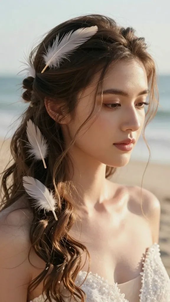 A close-up, high-resolution portrait of a bride with a boho-chic hairstyle featuring a twisted half-up style adorned with delicate feather accents, soft beachy waves cascading down, and gentle, symmetrical feather pins placed to frame her face. The setting is a sunlit coastal ceremony with a blurred horizon and warm, natural light highlighting the texture of the feathers and the twisted sections. The bride wears minimal, airy makeup with a natural glow, subtle pink lips, and relaxed brows, exuding effortless romance. The overall mood is ethereal and romantic, with movement suggested by the slight motion in the hair as if walking down a sandy aisle. No text, ultra-realistic 8K detail, razor-sharp focus on the face and feather accents, shallow depth of field to keep background softly blurred.