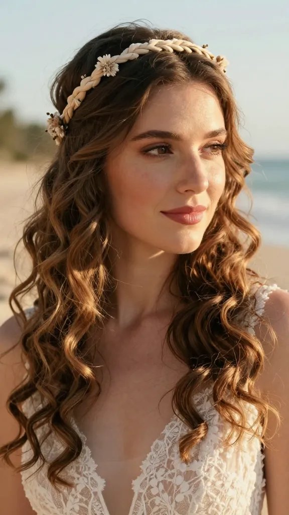 A close-up portrait of a bride at a boho beach wedding, featuring a braided headband woven with delicate floral accents resting gently along the hairline, softly curling hair with voluminous, bouncy ringlets cascading over the shoulders, sunlit beach backdrop with warm, golden hour lighting, natural makeup emphasizing radiant skin and rosy lips, lightweight-hold styling product implied for lasting curls, candid yet elegant expression, realistic high-resolution photography style with shallow depth of field, no text or logos in the image.