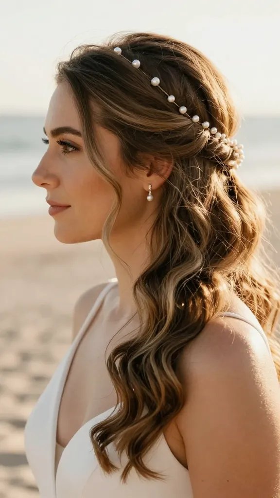 A close-up, high-resolution photograph of a boho bride with side-swept waves, featuring a delicate row of tiny pearl hair pins along the hairline. The hair on one side cascades softly over the shoulder, showcasing a graceful neckline and elegant earrings, with a natural, sunlit beach backdrop in the background. The hairstyle is polished yet relaxed, with subtle wave texture and a light, glycerin-based hairspray sheen that keeps every strand in place without stiffness. The overall mood is effortlessly romantic, capturing a candid, luminous wedding portrait with warm, golden-hour lighting, realistic skin tones, and intricate pearl detailing catching the light. No text on the image.