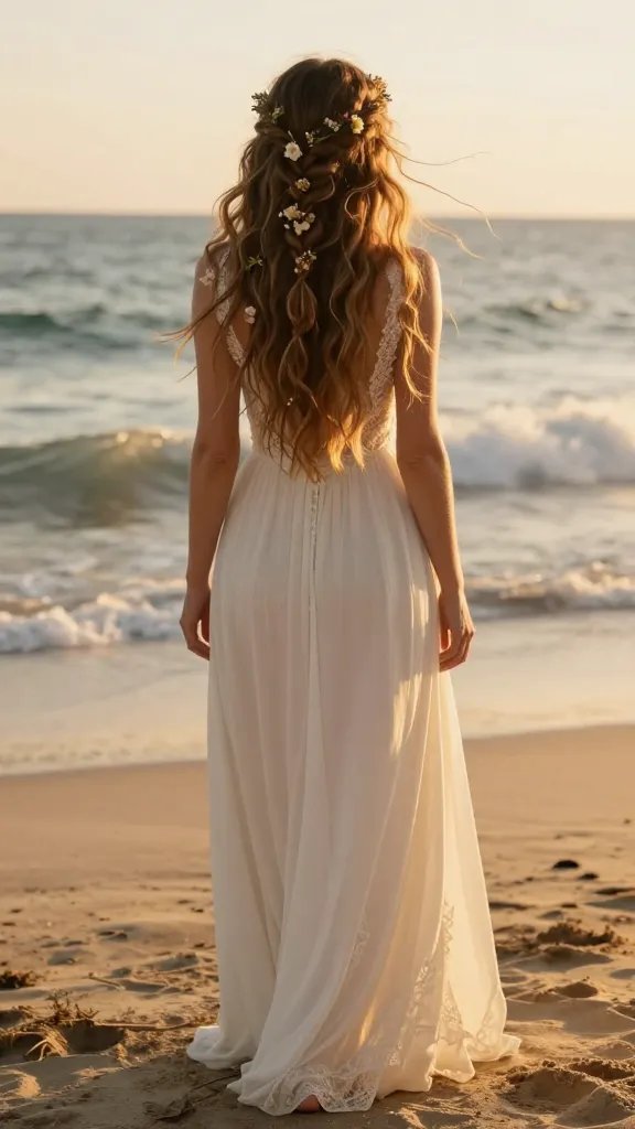 A beachy boho bride with sun-kissed skin stands barefoot in soft golden hour light, wearing a flowy ivory wedding dress and delicate lace details. Her hair is styled in loose, wavy tresses with multiple tiny braids peeking out, weaving through the waves to create a built-in texture map. Small, natural flowers are tucked throughout the braids and scattered in the loose strands for a fresh, organic charm. The setting is a sandy shoreline with gentle ocean waves in the background, a warm golden glow from the setting sun, and a hint of sea breeze creating subtle movement in the hair and dress. The overall mood is effortlessly romantic, carefree, and beachy, with crisp, high-resolution realism suitable for a photography-like portrait. No text.