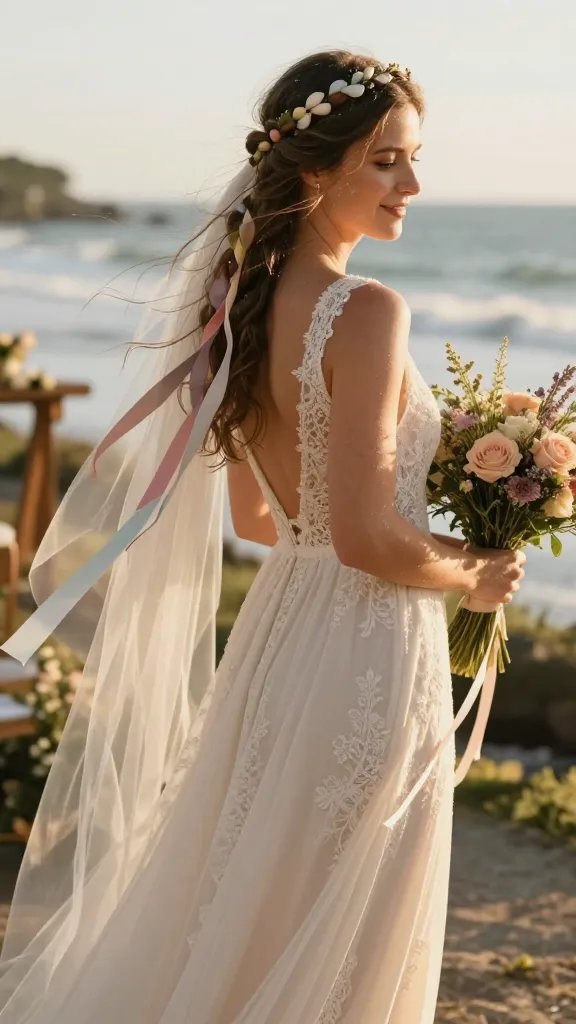 A high-resolution, sunlit candid portrait of a boho bride at a seaside wedding, wearing a flowing ivory lace dress and a soft, ethereal veil. She has a crown braid wrapped around her head, with long satin ribbons woven into the braid and trailing gracefully down the back, catching the breeze. The ribbons are pastel hues that complement a bouquet of wildflowers in blush, lavender, and soft greens. The scene is shot in natural light during golden hour, capturing the motion of the ribbons fluttering, the braid sparkling with subtle dewdrops, and a gentle, carefree smile on her lips. The background shows a blurred shoreline, gentle waves, and a hint of wooden ceremony decor, all in warm, cinematic tones with a shallow depth of field to emphasize the bride and the ribbon-touched crown braid. No text on the image.