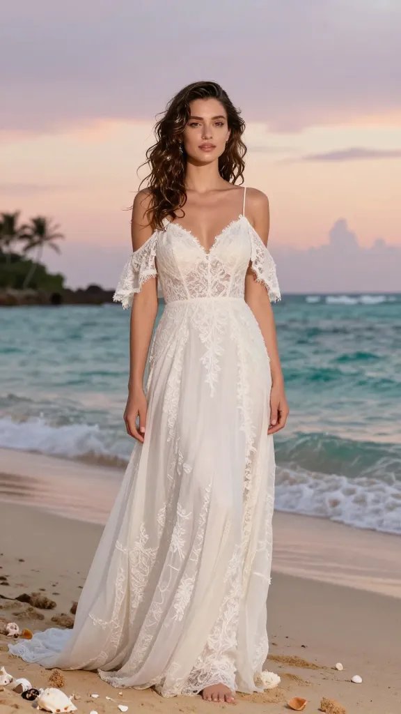 A sunlit seaside scene featuring a bride with soft gel-set beach waves, standing barefoot on warm sand near gentle turquoise waves. Her hair is glossy, defined with loose, effortless waves that show a subtle wet-look shine without stiffness, reflecting humidity-resistant shine. She wears a light, flowing boho wedding dress with delicate lace and off-the-shoulder sleeves, minimal jewelry, and a serene, radiant expression. The background shows a pastel-colored sunset sky with wispy clouds, palm silhouettes, and seashells scattered in the foreground. The overall mood is romantic and effortlessly chic, with high-resolution realism and natural skin tones, no text or logos.