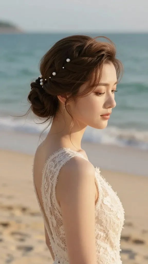 A realistic, high-quality photo of a bride on a sunlit beach at golden hour, wearing a vintage-inspired updo with a structured, polished bun and a subtle side braid woven along the left temple, soft wisps framing the face, delicate pearl pins securing the updo, ivory lace wedding dress with a subtle boho silhouette, light beachy makeup with natural tones, gentle sea breeze tousling loose strands, calm turquoise ocean and pale beige sand in the background, a dreamy romantic mood, no text or logos, ultra-detailed hair texture, natural lighting, depth of field softly blurred background to emphasize the hairstyle and the bride&rsquo;s serene expression.