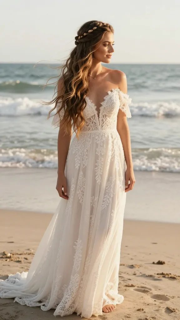 A realistic, high-resolution photo of a radiant bride at a sunlit beach, mid-length to long hair styled in a Boho Waterfall Braid with Flowy Waves. She stands barefoot on soft, damp sand with gentle ocean waves in the background and a light sea breeze catching her loose, romantic waves. The hairstyle features a loose waterfall braid starting from the crown with small side tassels woven in for a wind-swept effect, while the remaining hair falls in soft, beachy waves enhanced by a subtle sea salt spray. The bride wears a flowing, bohemian wedding dress with delicate lace and off-shoulder sleeves, minimal jewelry, and natural makeup that emphasizes sun-kissed skin. The lighting is warm golden hour, casting a gentle glow with soft shadows, capturing movement in the waves and the braid&rsquo;s texture for a carefree yet polished beach wedding look. No text on the image.