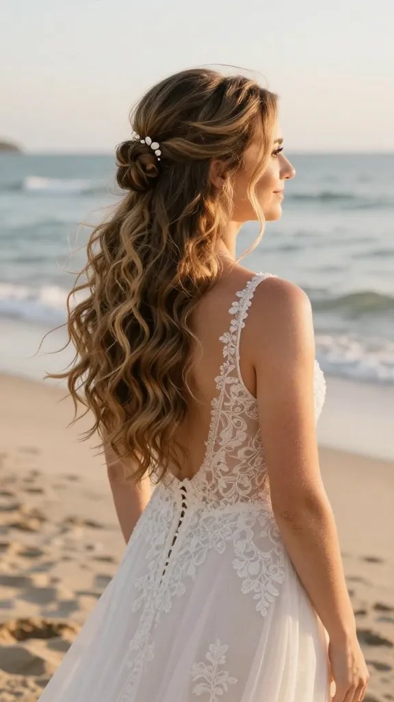 A realistic, high-quality photo of a bride with long hair styled in a half-up mini bun with beachy curls for a beach wedding. The main subject stands on soft, warm sand near the shoreline during late afternoon golden hour, with sun-softened light. Her hair is parted with loose, face-framing strands, the top half gathered into a small, polished bun at the back crown, while the rest cascades in voluminous, natural waves to her shoulders. She wears a light, airy wedding dress with delicate lace and subtle train; the neckline flatters her shoulders as gentle sea breeze lifts the curls. Accessories include a delicate shell hairpin or small seashell clip securing the mini bun. The scene conveys a relaxed, joyful mood with subtle ocean backdrop, gentle waves, and a soft glow on her skin, no text or logos.