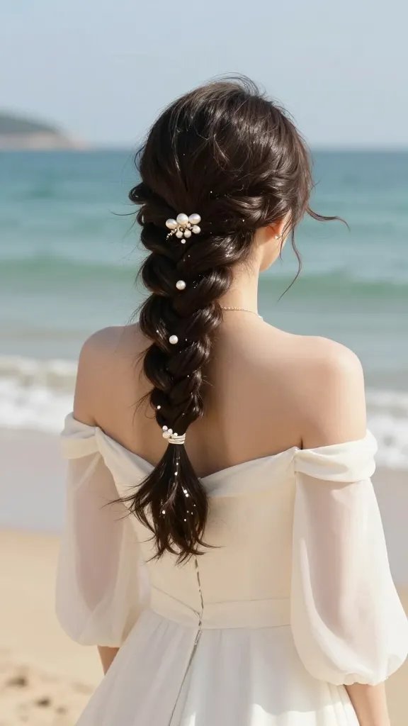 A realistic, high-quality photo of a long-haired bride on a sunlit beach, wearing a light, flowing ivory wedding dress with off-the-shoulder sleeves. The main hairstyle is a classic low side braid that sits gracefully over one shoulder, adorned with small freshwater pearl pins and a pearl comb, catching glints of sunlight as she moves. A fine ribbon or thread ties the braided strands, subtly shimmering. The hair should have a soft, beachy wave texture with a slight shine, and the braid should appear prominent yet elegant, complemented by a light-hold hairspray to maintain the look. The background features soft ocean hues of turquoise and pale gold, gentle waves, and a clear, bright sky. The overall mood is sophisticated and serene, with the pearls echoing the wedding vibe without feeling overdone. No text on the image.
