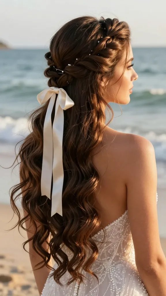 A high-resolution, cinematic bridal portrait of a bride with long, glossy hair styled into a dramatic mermaid twist crown. The hair is parted to one side, with sections twisted from the temple to the crown and secured with discreet pins, then a satin ribbon wrapped around the crown. The remaining hair cascades in soft, wavy mermaid curls. The setting is a sunlit beach at golden hour, with gentle sea breeze lifting loose strands. The bride wears a delicate, ethereal wedding gown suitable for beach chic, with subtle pearl or sequin accents catching the light. Natural makeup enhances a radiant, effortless look, and the overall mood is magical, modern, and romantic. The image should be a close-up full-body shot that emphasizes the crown twist and the ribbon, with clear, vibrant colors, realistic textures of hair and fabric, and a shallow depth of field to blur the background just enough to keep the subject sharp. No text on the image.