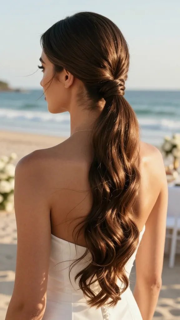 Create a high-resolution, hyper-realistic wedding portrait of a long-haired bride showcasing the "Sleek High Pony With Soft Ringlets" hairstyle. She stands in bright sun on an outdoor beach reception, with a refined silhouette and a soft, glamorous vibe. The ponytail sits sleekly high at the crown, extending into loose, glossy ringlets that cascade down, ending around mid-back. A small section at the base is wrapped to conceal the hair elastic, adding a polished finish. A few face-framing pieces are left out to soften the look, gently framing her cheekbones. The humidity shield effect is visible as hair remains smooth and frizz-free in warm coastal breeze. The setting includes warm golden hour lighting, subtle beach backdrop with sand, gentle waves, and elegant reception decor in the background. The bride has natural makeup with a radiant glow, subtle pink lips, and minimal jewelry, emphasizing a clean, modern, and flattering neckline. The overall mood is sophisticated, timeless, and photorealistic, with sharp details in hair texture, sun-kissed skin, and the reflective shine of the ringlets. No text on the image.