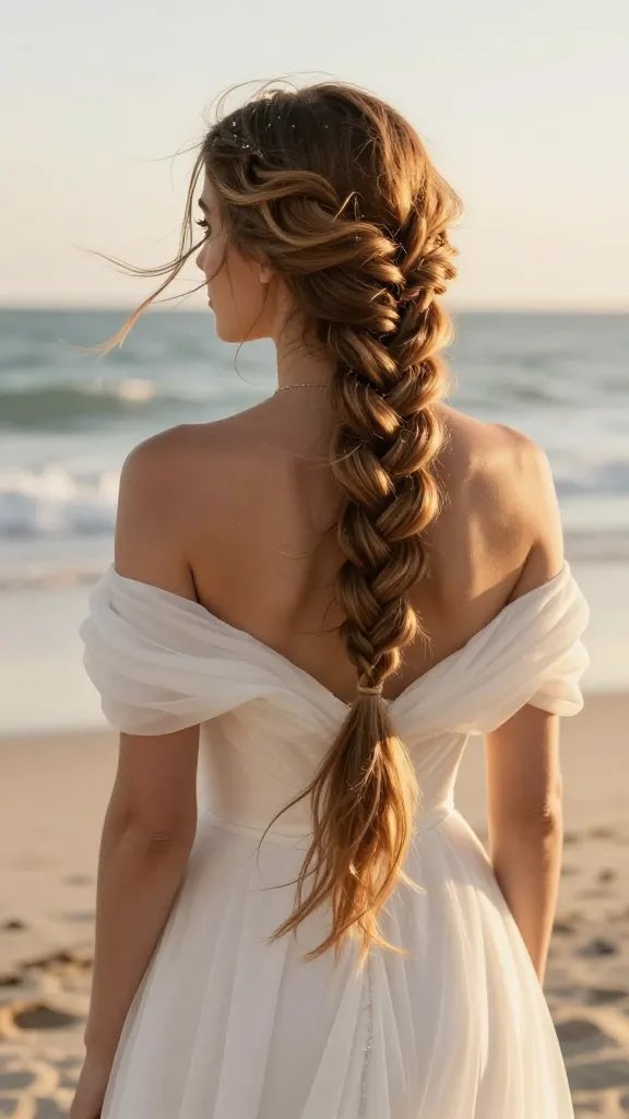 A high-resolution, photorealistic image of a radiant bride with long, sun-kissed hair standing on a windswept beach at golden hour, wearing a flowing off-shoulder wedding dress. She showcases a faux fishtail braid with subtle beachy texture: two sectioned strands woven with tiny splits from each side, the braid appearing intricate yet effortless, with sections alternated to mimic a fishtail and gently pulled to create fullness. The wind tousles her hair, adding natural volume and movement, while sea salt spray gives a softly textured, imperfect finish. A delicate veil or hairpiece sits atop the head, complementing the hairstyle. The background features a pristine shoreline, soft waves, and a warm, amber-toned sky, with the overall mood romantic and timeless, high detail, natural makeup, shallow depth of field to softly blur the background while keeping the hairstyle razor-sharp. No text on image.